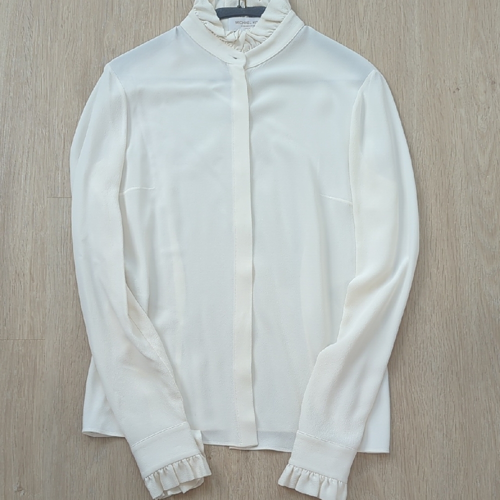 Michael Kors Collection Cream Button Down Shirt with Ruffle Details